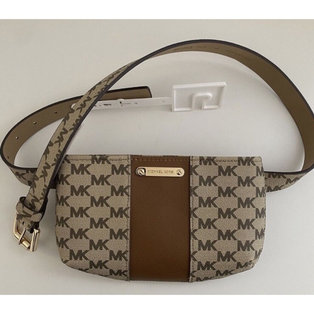 Michael‎ Kors Belt Bag Fannie Pack Brown White MK Signature Logo L/XL NEW